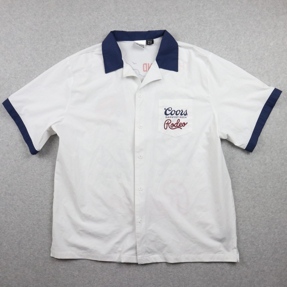 Coors Shirt Mens 2XL XXL Banquet Beer Rodeo Casual Button Up White Short Sleeve